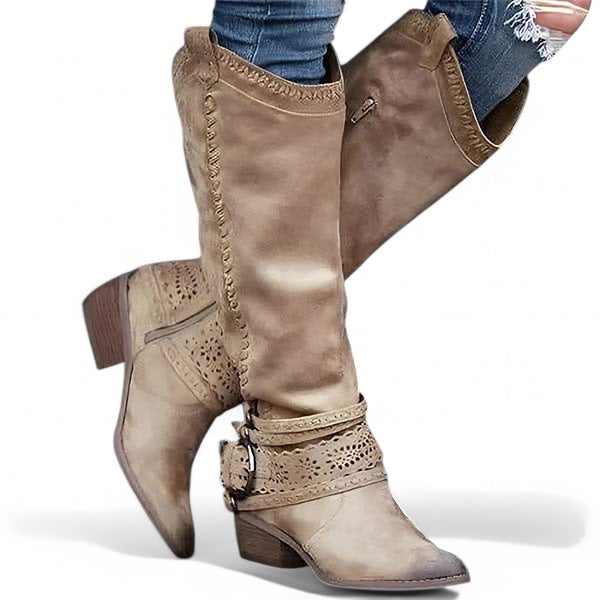 WesternChic Dames Cowboylaarzen – Vintage Kniehoge Laarzen met Zijrits & Trendy Design