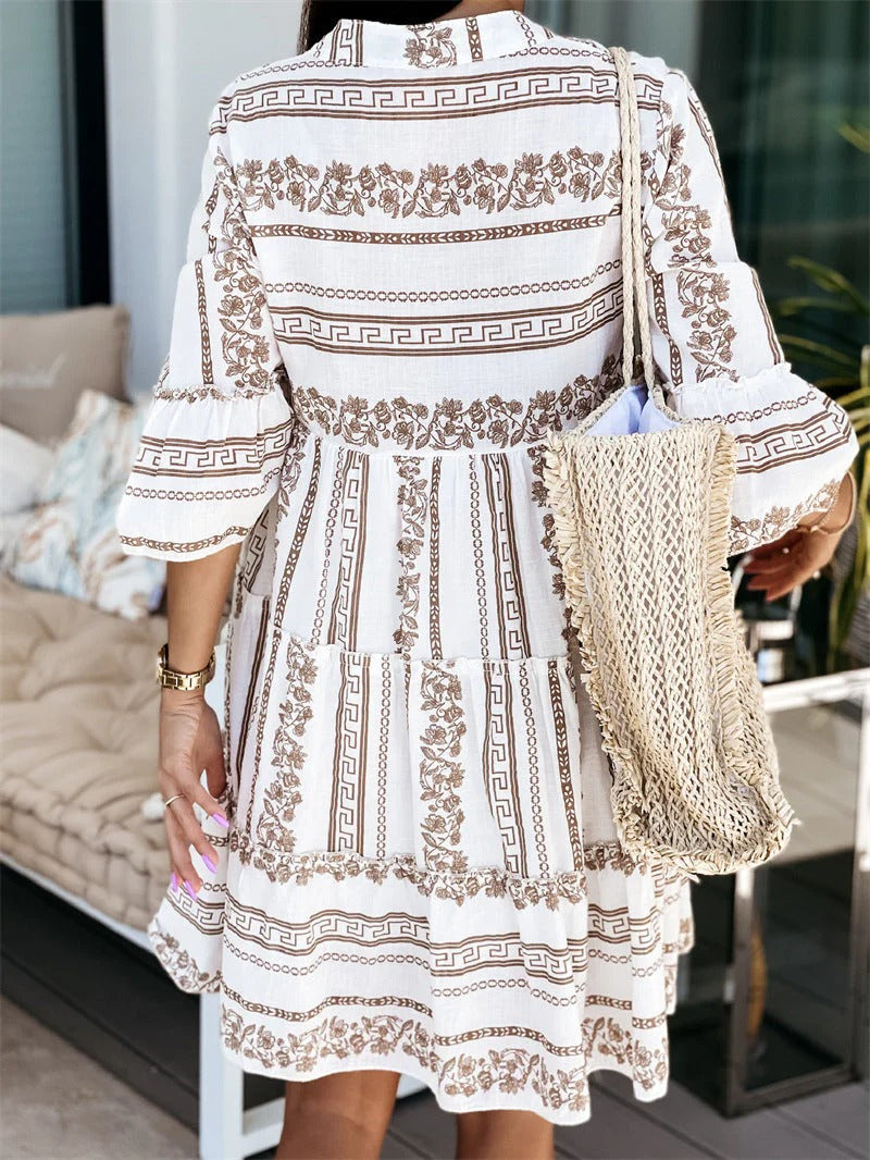 Boho Ruches Zomerjurk Dames 2025 | Luchtige Jurk met Vrolijk Printdesign