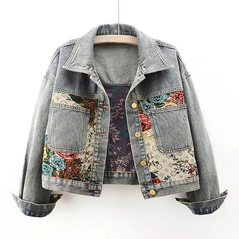Trendy Gebloemde Denim Jas | Kort