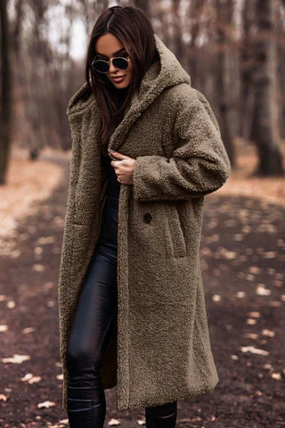 Lange Teddy Jas voor Dames met Capuchon | Modieuze Winterjas met Zachte Fleecevoering