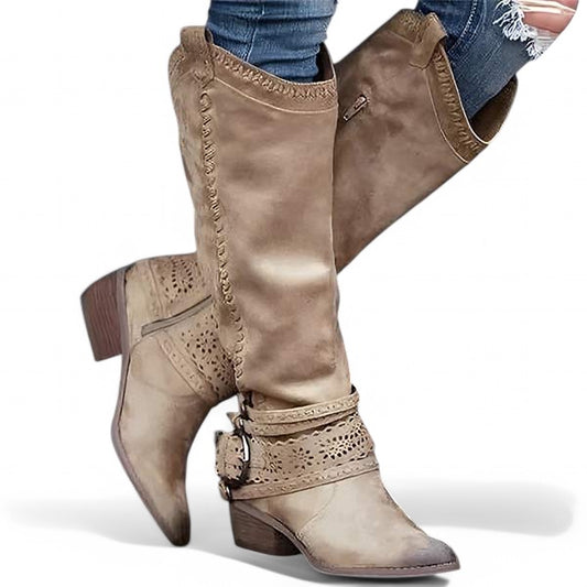 WesternChic Dames Cowboylaarzen – Vintage Kniehoge Laarzen met Zijrits & Trendy Design
