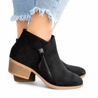 Nova Dames Enkellaarsjes – Leren Ankle Boots met Chunky Hak & Zijrits