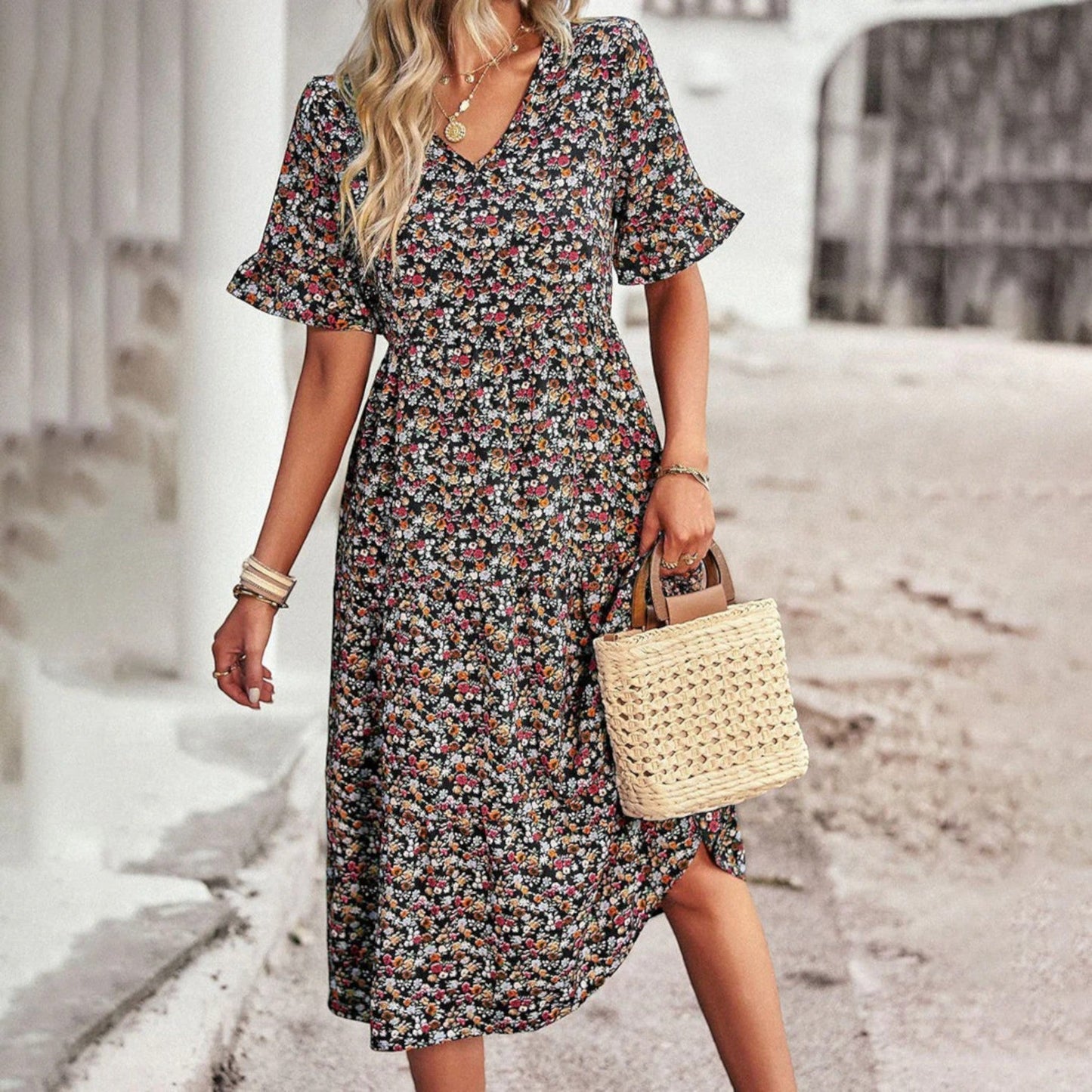 Boho Midi Jurk met V-Hals – Elegantie en Comfort in Eén – Nayeli