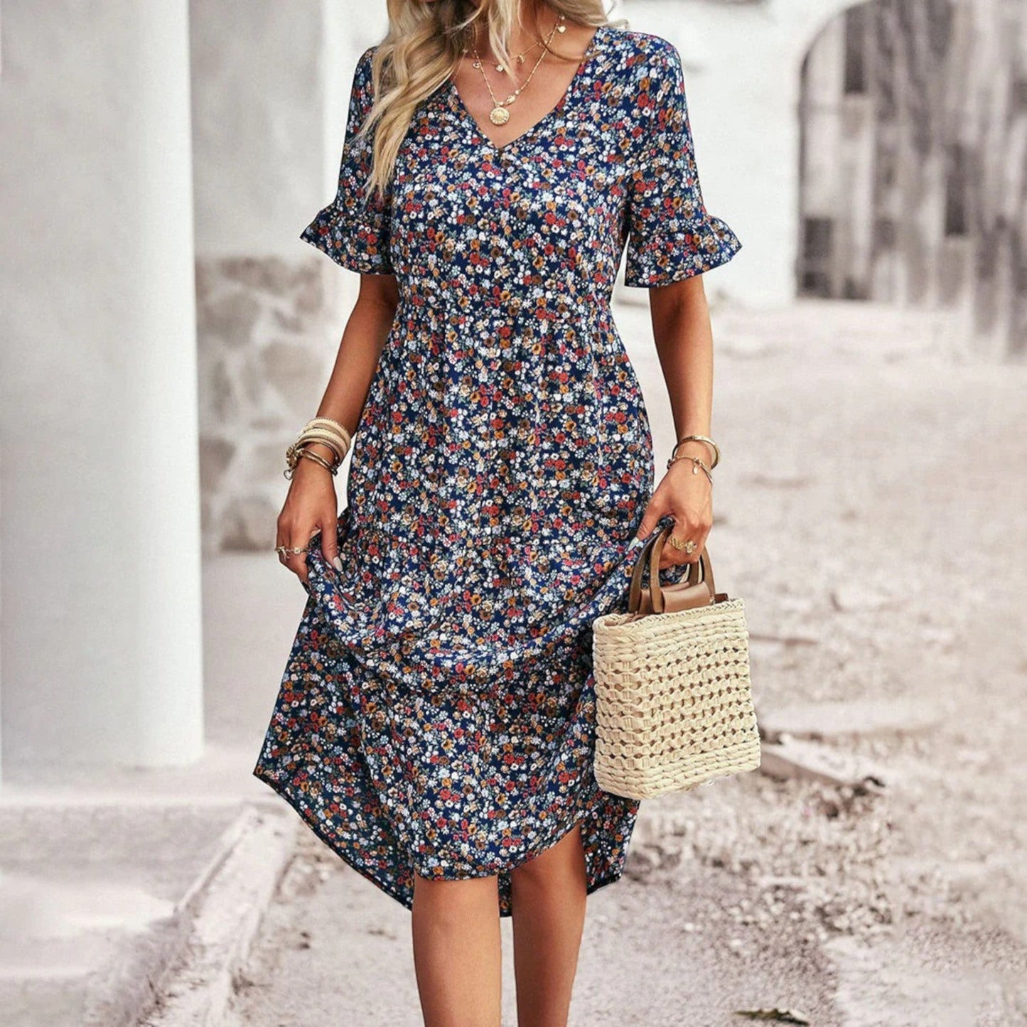 Boho Midi Jurk met V-Hals – Elegantie en Comfort in Eén – Nayeli