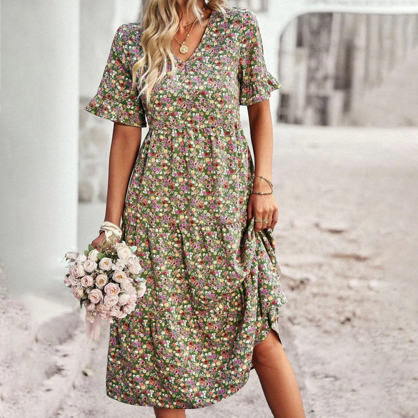 Boho Midi Jurk met V-Hals – Elegantie en Comfort in Eén – Nayeli
