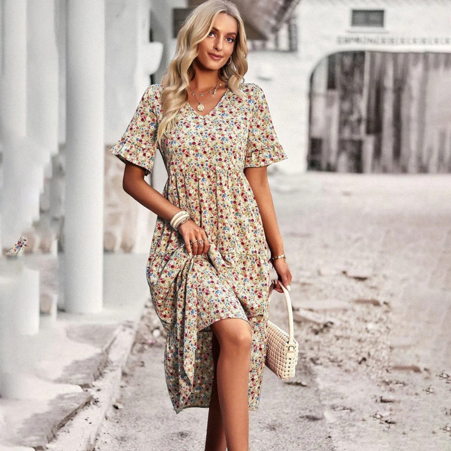 Boho Midi Jurk met V-Hals – Elegantie en Comfort in Eén – Nayeli