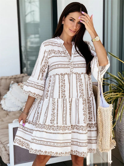 Boho Ruches Zomerjurk Dames 2025 | Luchtige Jurk met Vrolijk Printdesign