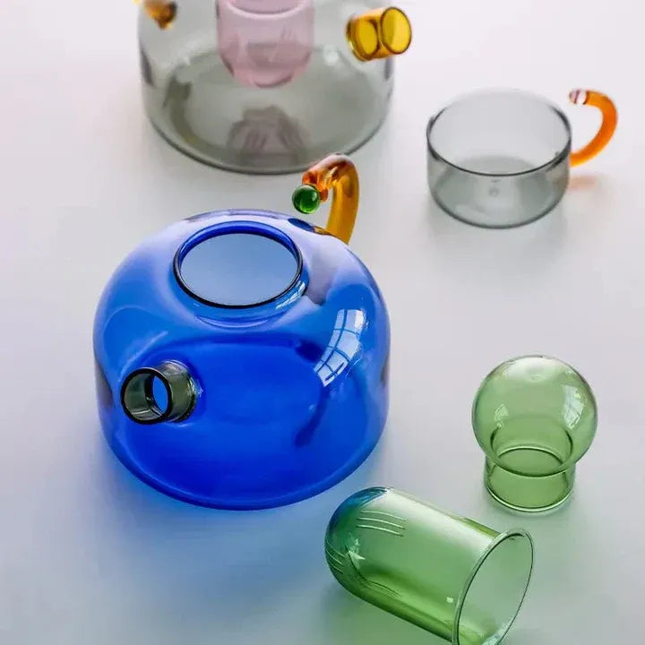 Elegante Glazen Waterketel met Mokken | Transparant Design met Contrasterende Kleuren voor Stijlvol Thee- of Koffiemoment – BrewStyle Set