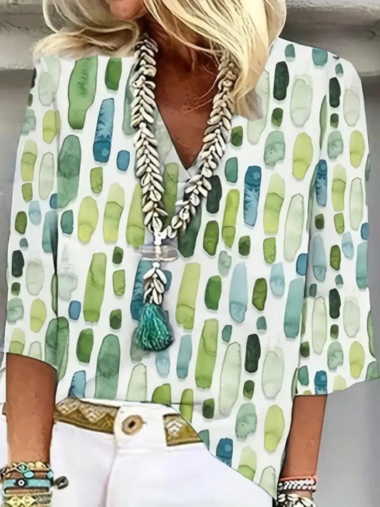 Zayda Dames Blouse met V-hals | Geometrisch Design & 3/4 Mouwen voor Casual of Kantoorlook