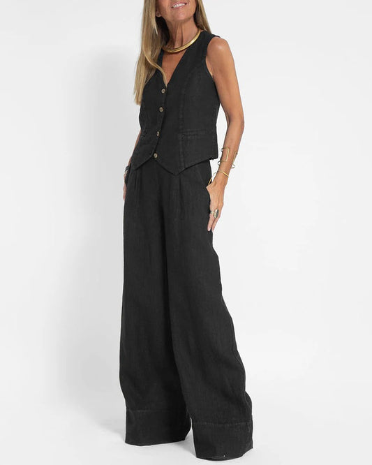 Elegante 2-Delige Set Linnen Wijde Broek & Vest voor de zomer