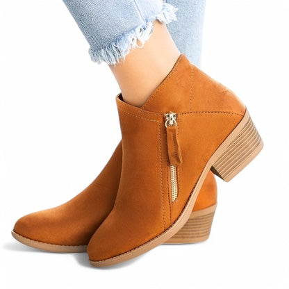 Nova Dames Enkellaarsjes – Leren Ankle Boots met Chunky Hak & Zijrits
