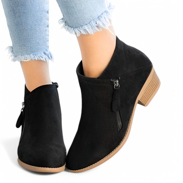 Nova Dames Enkellaarsjes – Leren Ankle Boots met Chunky Hak & Zijrits
