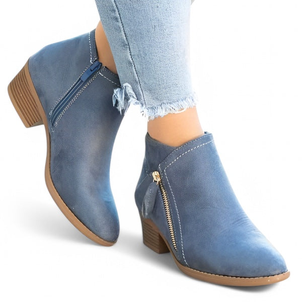 Nova Dames Enkellaarsjes – Leren Ankle Boots met Chunky Hak & Zijrits